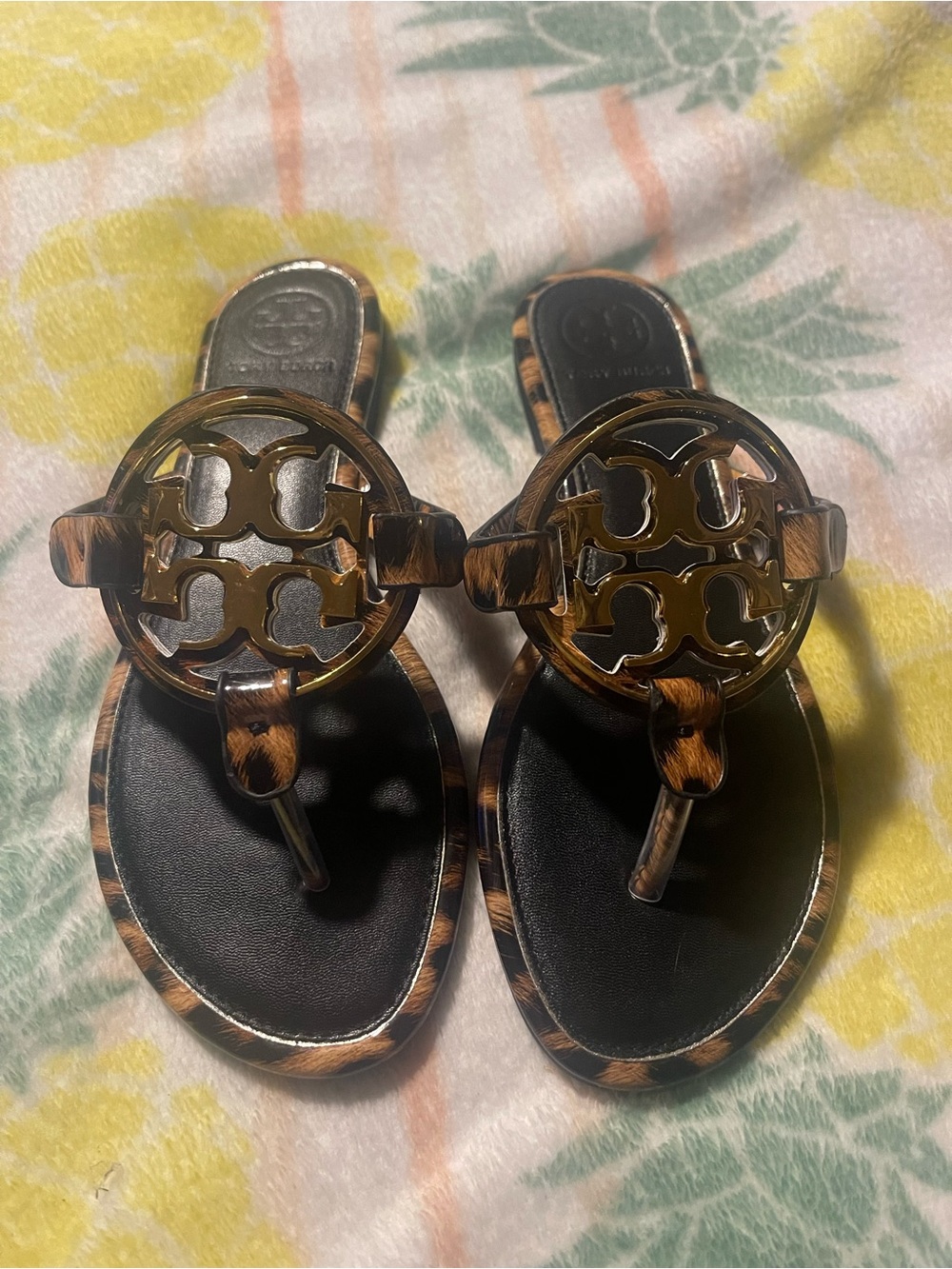 Tory Burch Leopard-Print Patent Logo Thong Sandals - Black/Brown